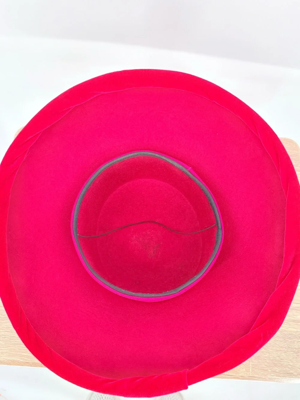 Whittall & Shon Vintage Red Wool Velvet Wide Brim Hat Rhinestone Bow Pillbox